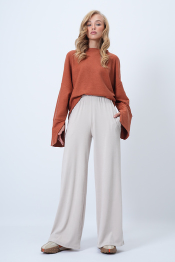 Trend Alaçatı Stili Women's Beige Double Pocket Elastic Waist Soft Textured Wide Leg Knitted Pants Alc-X14458