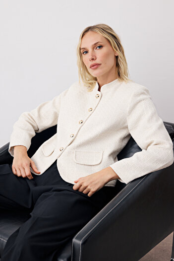 Trendyol Collection Ecru Buttoned Woven Tweed Jacket Twoaw26Ce00028