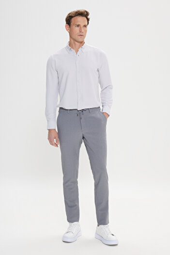 AC&Co / Altınyıldız Classics Erkek Gri Slim Fit Dar Kesim Beli Bağlamalı Yan Cep Gofre Desenli Pantolon