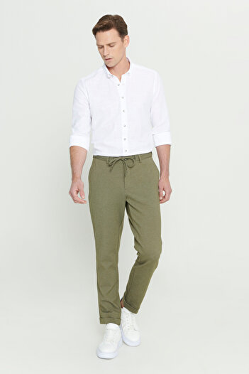 AC&Co / Altınyıldız Classics Erkek Haki Slim Fit Dar Kesim Beli Bağlamalı Esnek Pantolon