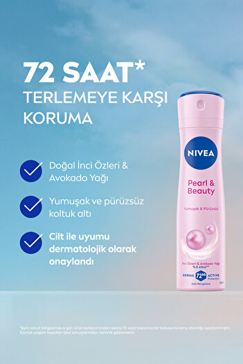 NIVEA Kadın Sprey Deodorant Pearl&Beauty 150 ml,72 Saat Antiperspirant Koruma,Pürüzsüz Koltuk Altı