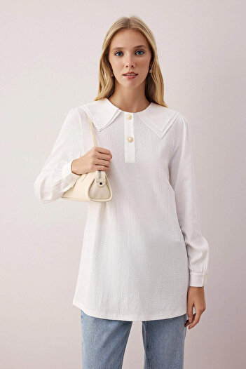 Trendyol Modest Ecru Shirt Collar Detailed Wrinkled Fabric Knitted Sweatshirt Tctaw26Tw00000