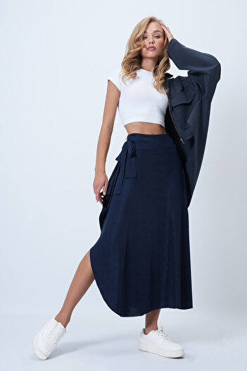 Trend Alaçatı Stili Women's Dark Navy Blue Asymmetrical Cut Waist Tie Skirt Alc-X5001