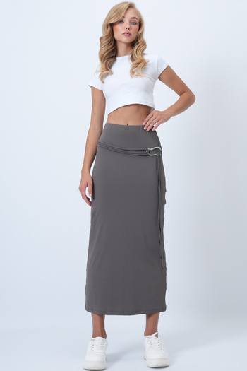 Trend Alaçatı Stili Women's Gray Belt Detailed Midi Length Sandy Skirt Alc-X14550