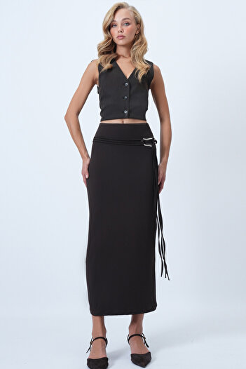 Trend Alaçatı Stili Women's Bitter Brown Belt Detailed Midi Length Sandy Skirt Alc-X14550