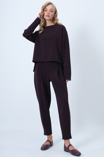 Trend Alaçatı Stili Women's Plum Crew Neck Wide Cut Blouse and Front Pleated Double Pocket Pants Set Alc-X14553