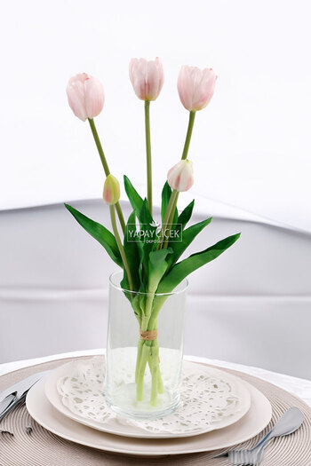 Yapay Çiçek Deposu Real Textured Luxury 5 Branch Tulipa Tulip Bouquet Powder Pink