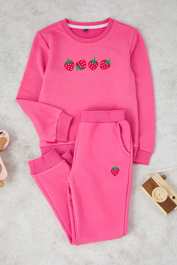 TRENDYOLKIDS Dark Pink Printed Crew Neck Regular Girl's Knitted Bottom - Top Set Tkdaw26Au00045