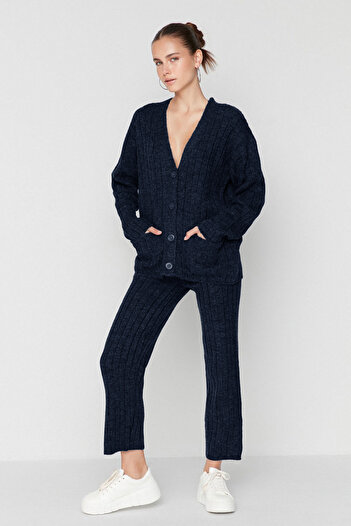 Trendyol Collection Navy Blue Wide Fit Soft Textured Knitwear Bottom - Top Set Twoaw22Au0128