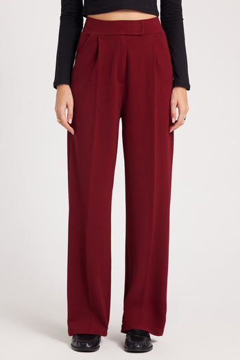 Tudors Women's Regular Fit Classic Cut Velcro Closure Wide Leg Burgundy Trousers