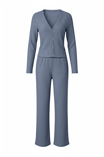 Trendyol Collection Blue Cardigan Brushed Soft Touch Winter Ribbed Knitted Pajama Set Thmaw26Pt00216