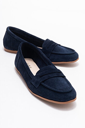 LuviShoes F02 Тъмносини дамски мокасини от естествена кожа