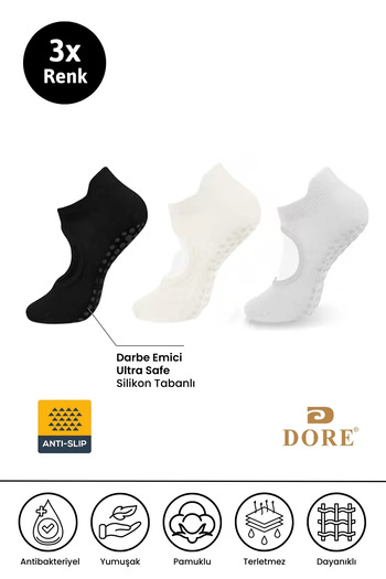 Dore Original Women's 3 Pairs Non-Slip Pilates and Yoga Non-Slip Sole Plates Ballet Socks Black Cream Gray