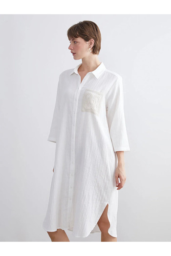 LC Waikiki Lcwaikiki Classic White Textured Crochet Detailed Shirt Dress
