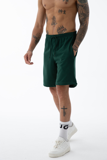 Kozik Men's Dark Green High Quality Relax-Fit Comfortable Cut 100% Cotton Lace-Up Black Plain Basic Shorts