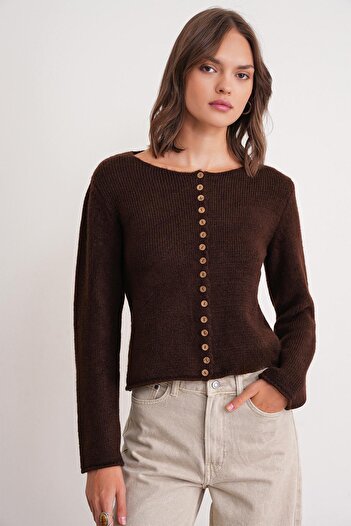 Mixray 6957 Women's Buttoned Crew Neck Knitwear Cardigan Brown