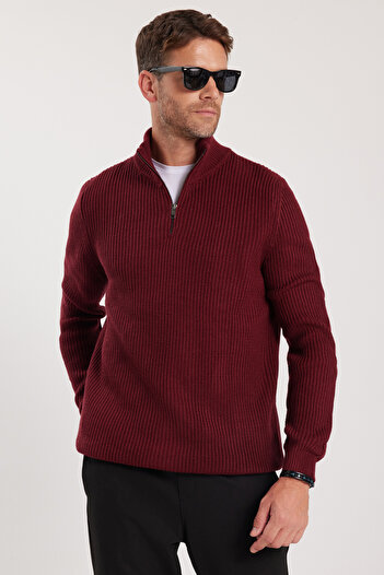 Tudors Men's Slim Fit Slim Fit Zippered Burgundy Stand Collar Knitwear Sweater
