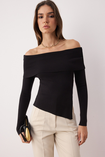 Trendyol Collection Черен пуловер с плетена яка Carmen от първокласна/специална прежда TWOAW26KZ00064