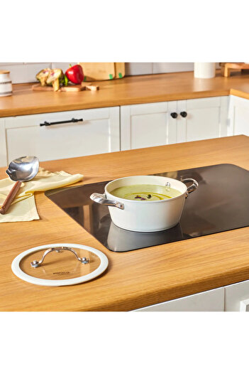 Karaca Swiss Crystal Almond Cream Non-Stick Induction Stainless Steel Handle Casserole & Lid, 18cm, Cream