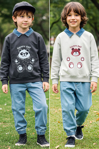 TRENDYOLKIDS Fiú 4 részes pamut kötött öltöny - antracitszürke, nyomtatott TKDAW25AU00055