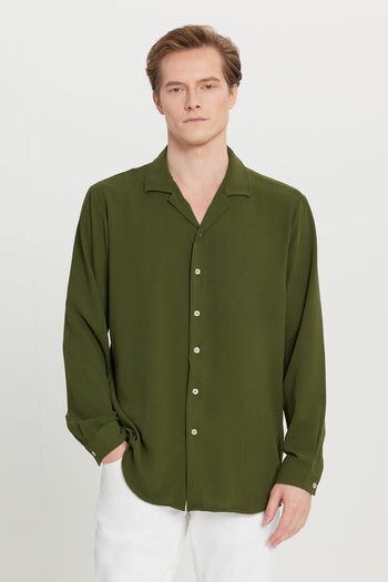 AC&Co / Altınyıldız Classics Men's Khaki Comfort Fit Relaxed Cut Hawaiian Collar Jacquard Shirt