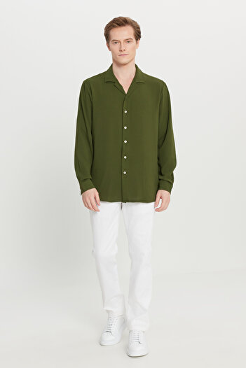 AC&Co / Altınyıldız Classics Men's Khaki Comfort Fit Relaxed Cut Hawaiian Collar Jacquard Shirt