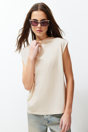 Trendyol Collection Stone Boat Neck Zero Sleeve Gathered Knitted T-Shirt TWOSS24TS00051