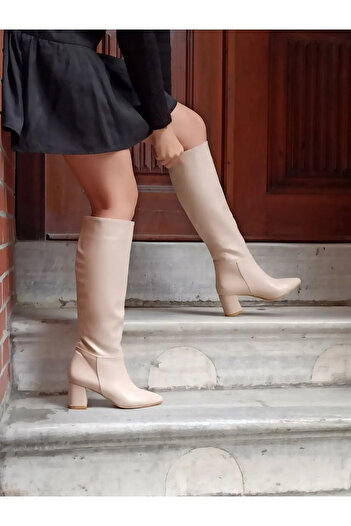 DS AYAKKABI Beige Women's Heeled Boots - Below Knee Length, No Zippered Moun Shoes