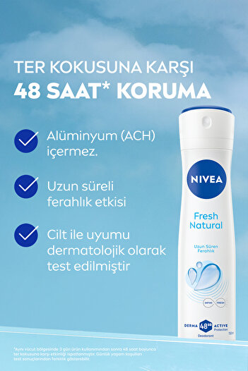 NIVEA Kadın Sprey Deodorant Fresh Natural 150ml, Ter Kokusuna Karşı 48 Saat Koruma, X5 Adet