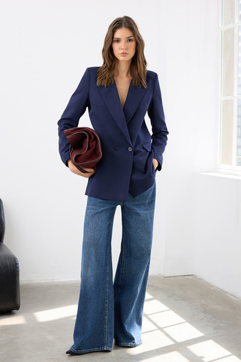 Trendyol Collection Navy Blue Regular Lined Double Breasted Closure Woven Blazer Jacket TWOSS20CE0059