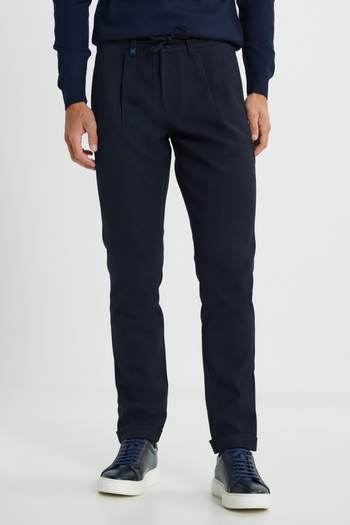 ALTINYILDIZ CLASSICS Men's Navy Blue Woolen Slim Fit Slim Fit Waist Tied Diagonal Print Side Pocket Casual Pants
