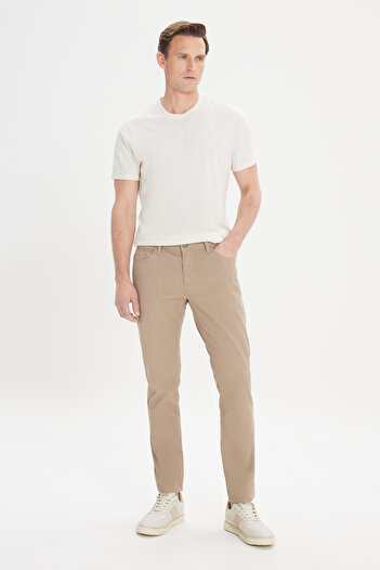 AC&Co / Altınyıldız Classics Erkek Bej Slim Fit Dar Kesim 5 Cep Armürlü Esnek Pantolon