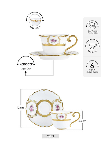 Karaca Royal Bone Elizabeth Coffee Cup Set for 6 People 90 ml