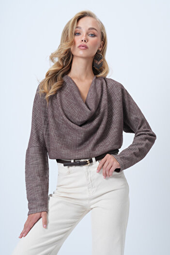 Trend Alaçatı Stili Braune gestrickte Bluse mit Reverskragen und weitem Schnitt für Damen ALC-X13126