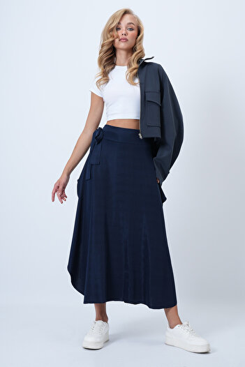 Trend Alaçatı Stili Women's Dark Navy Blue Asymmetrical Cut Waist Tie Skirt Alc-X5001