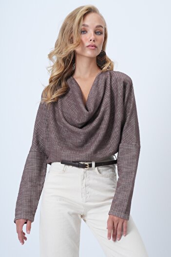 Trend Alaçatı Stili Braune gestrickte Bluse mit Reverskragen und weitem Schnitt für Damen ALC-X13126
