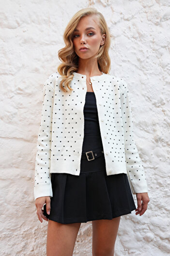 Trend Alaçatı Stili Women's Ecru Crew Neck Buttoned Mini Embroidered Knit Cardigan Alc-X14454