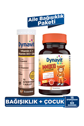 Dynavit Vitamin C Vitamin D3 Çinko 15 Efervesan&Immukid Gummies 60 Çiğnenebilir Gummy-Aile Bağışıklık Paketi