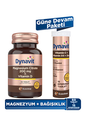 Dynavit Magnesium Citrate 200 mg, Vitamin D 60 Tab &Vitamin C Vitamin D3 Çinko 15 Efer - Güne Devam Paketi