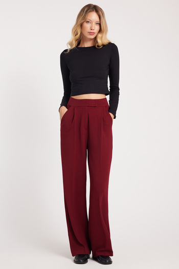 Tudors Women's Regular Fit Classic Cut Velcro Closure Wide Leg Burgundy Trousers