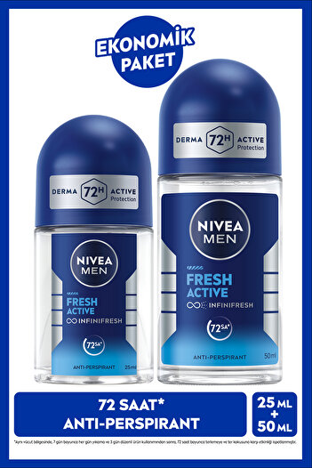 NIVEA MEN Erkek Roll-on Deodorant Fresh Active 50ml ve Mini Roll-on 25ml, Seyahat Boyu, 72 Saat Koruma