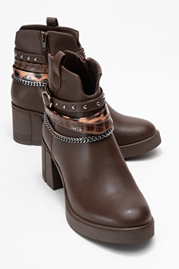 LuviShoes Γυναικείες μπότες με χοντρό τακούνι BOLİVA Καφέ Ζώνη Αλυσίδα