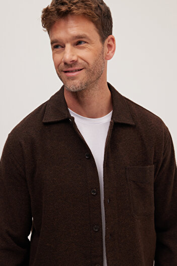 Tudors Men's Relax Fit Comfortable Cut Lumberjack Single Pocket Flap Dobby Brown Apache Collar Winter Shirt