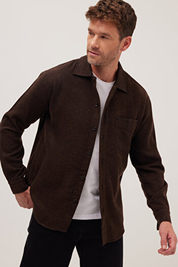 Tudors Men's Relax Fit Comfortable Cut Lumberjack Single Pocket Flap Dobby Brown Apache Collar Winter Shirt