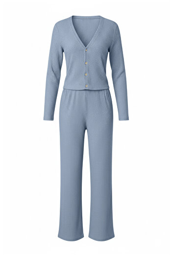 Trendyol Collection Blaues Cardigan-Pyjama-Set mit gebürsteter, weicher, gestrickter Winterstruktur THMAW26PT00216
