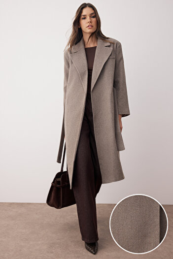 Trendyol Collection Vizon Balıksırtı Kruvaze Oversize Wełniany długi płaszcz TWOAW26KB00035