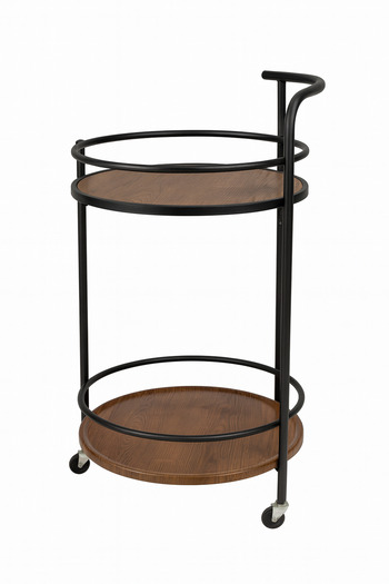 TSUMAB 3-Tier Round Wooden Serving Trolley with Black Metal Frame and Wheels