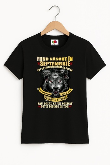 OEM Men's T-Shirt with 'Born in September - Strong and Loyal Like a Wolf' Message, 100% Cotton, Black