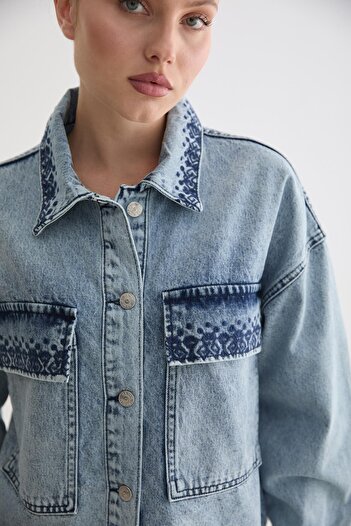 LEVURE Nakış Detaylı Denim Kot Ceket BLUE