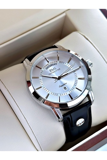 Romanson Sapphire Glass with Calendar 24 Months Warranty Leather Cord Steel Case Men's Wristwatch 1632.01Sz